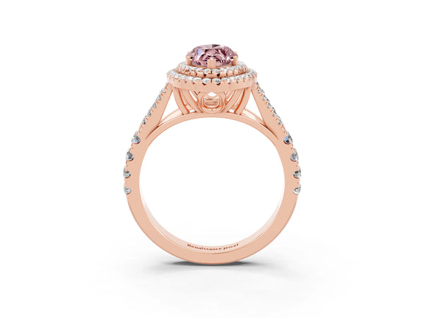Rose gold Double Halo Marquise Cut Morganite Split Shank Engagement Ring with Four-Prong Setting