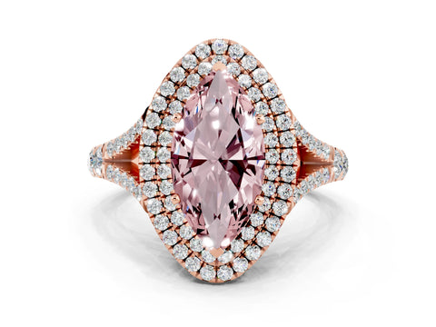 Rose gold Double Halo Marquise Cut Morganite Split Shank Engagement Ring with Four-Prong Setting