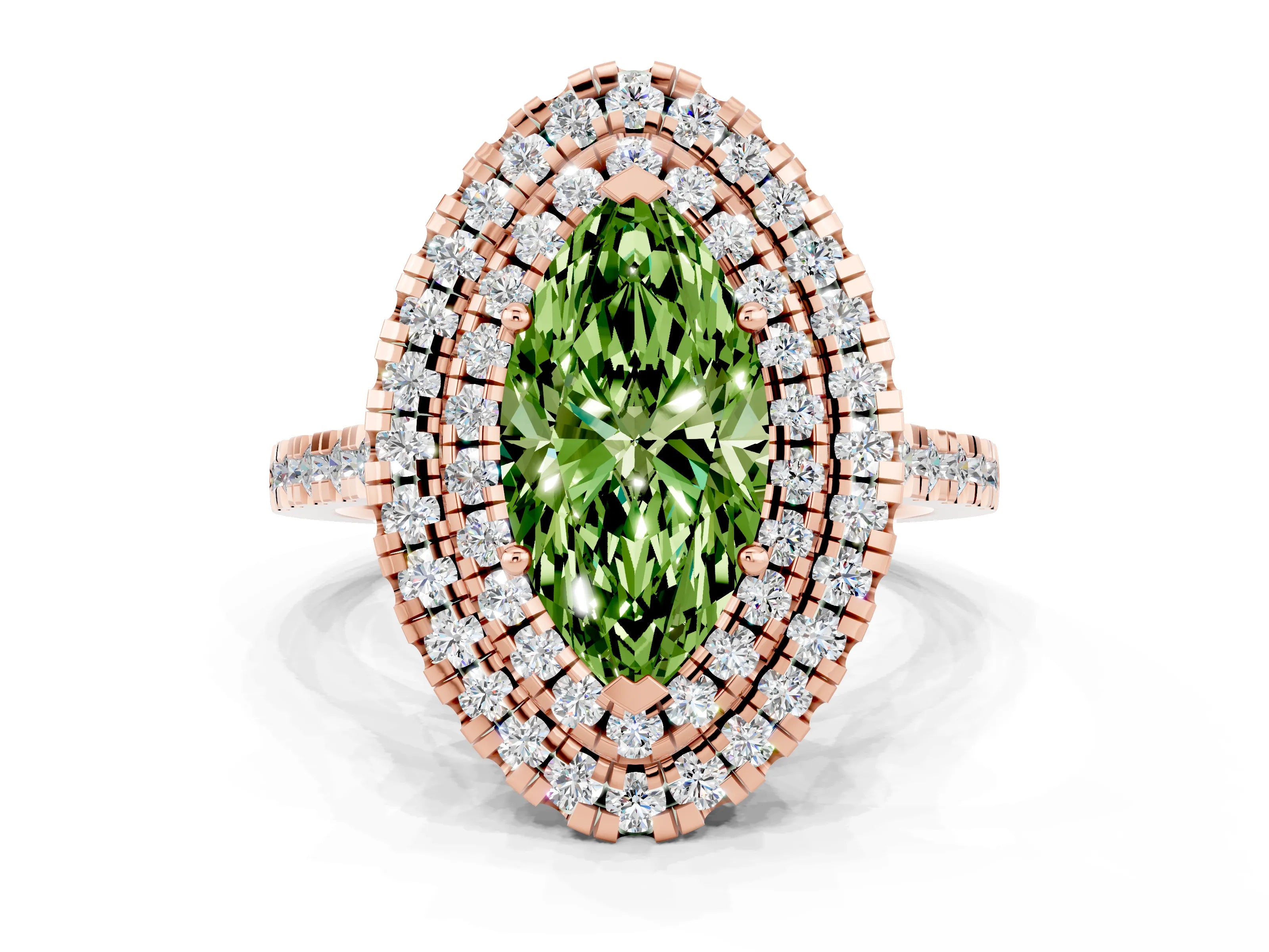 Rose gold Double Halo Marquise Cut Peridot Pavé Band with Four-Prong Setting