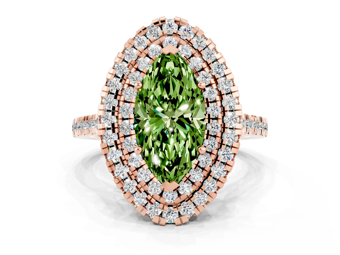 Rose gold Double Halo Marquise Cut Peridot Pavé Band with Four-Prong Setting