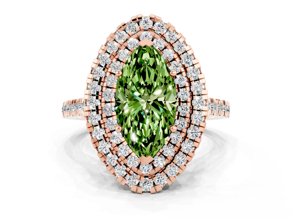 Rose gold Double Halo Marquise Cut Peridot Pavé Band with Four-Prong Setting