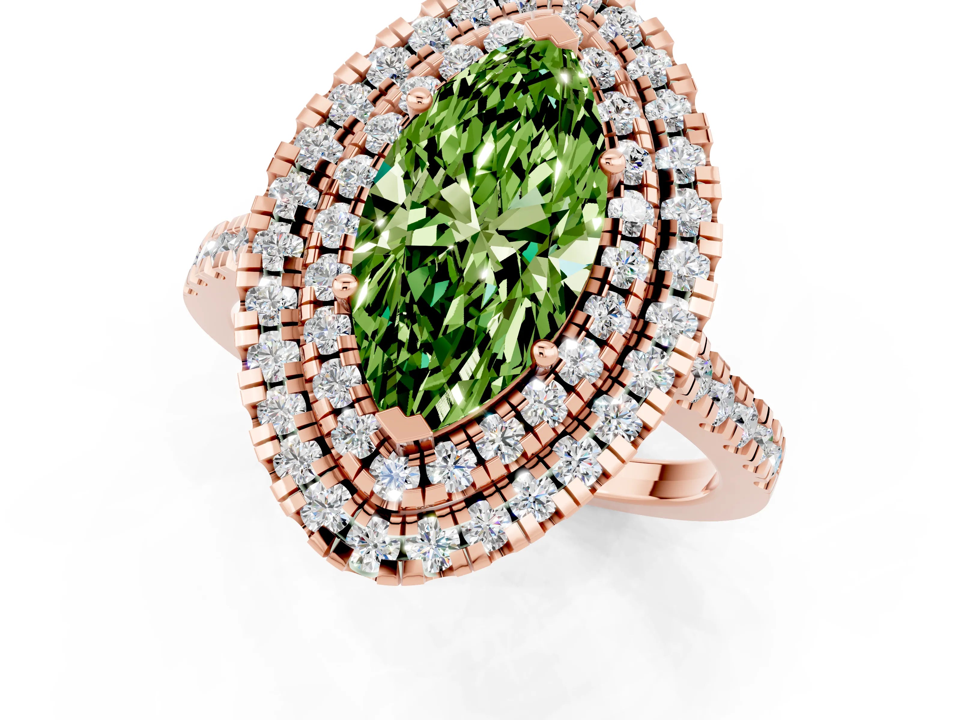 Rose gold Double Halo Marquise Cut Peridot Pavé Band with Four-Prong Setting_1
