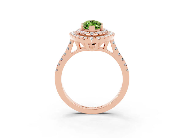 Rose gold Double Halo Marquise Cut Peridot Pavé Band with Four-Prong Setting