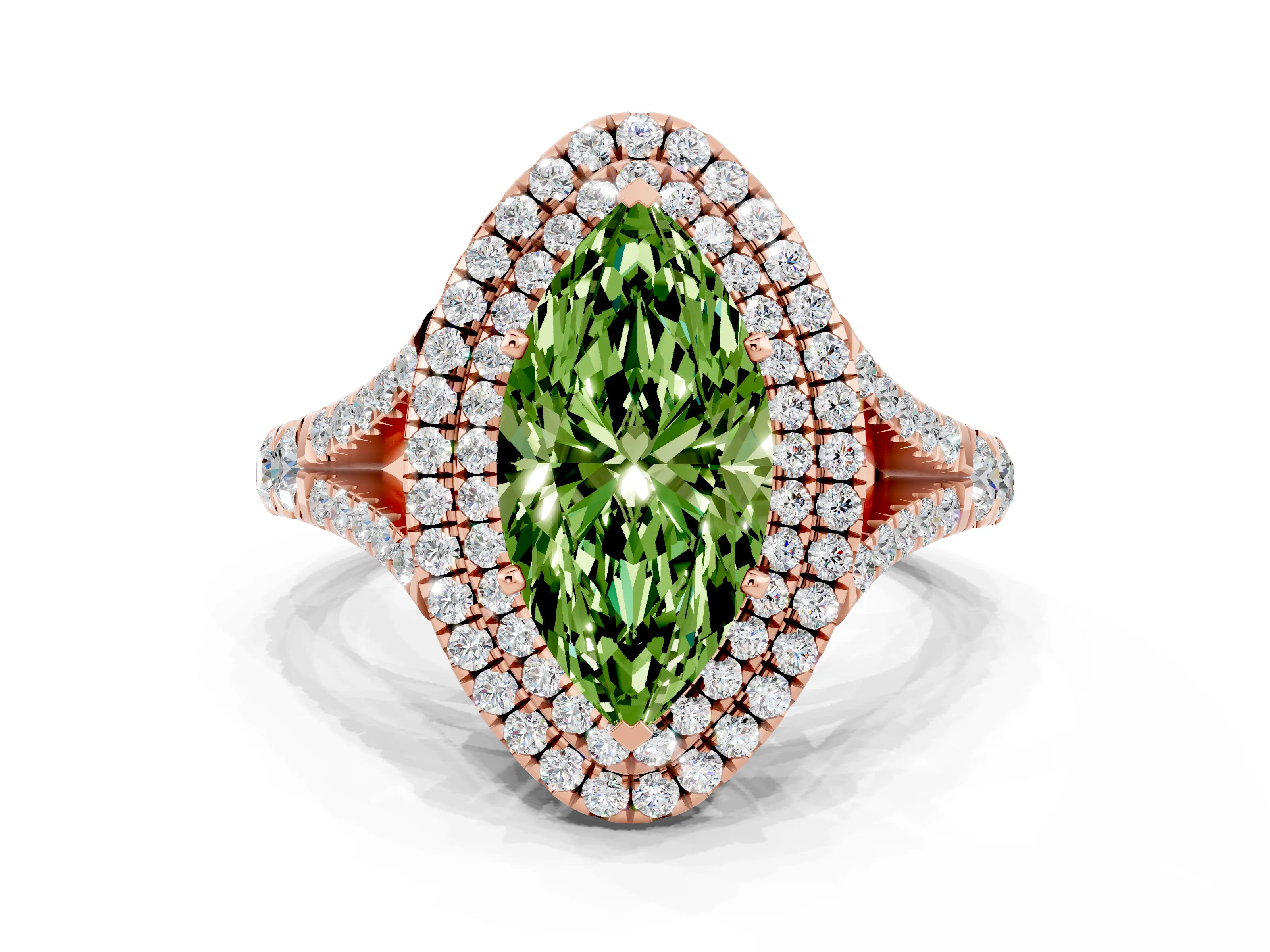Rose gold Double Halo Marquise Cut Peridot Pavé Split Shank Ring with Prong Setting