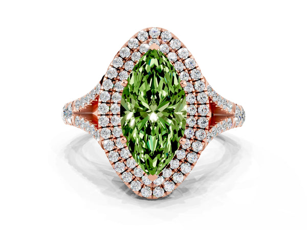 Rose gold Double Halo Marquise Cut Peridot Pavé Split Shank Ring with Prong Setting