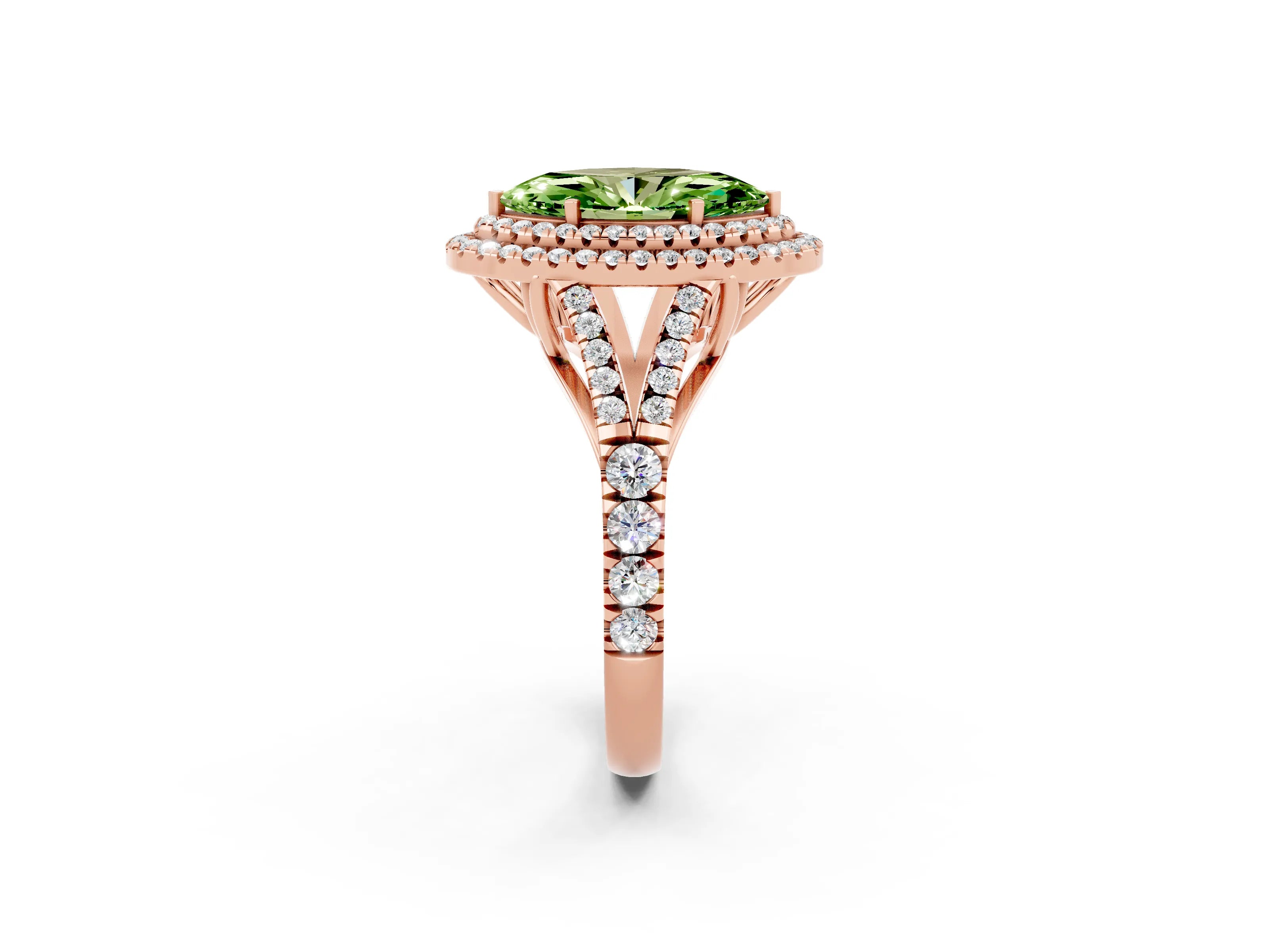 Rose gold Double Halo Marquise Cut Peridot Pavé Split Shank Ring with Prong Setting_2