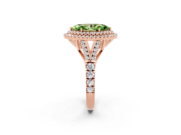 Rose gold Double Halo Marquise Cut Peridot Pavé Split Shank Ring with Prong Setting