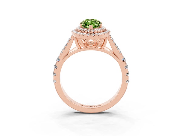 Rose gold Double Halo Marquise Cut Peridot Pavé Split Shank Ring with Prong Setting