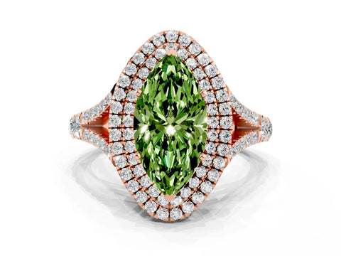 Rose gold Double Halo Marquise Cut Peridot Pavé Split Shank Ring with Prong Setting