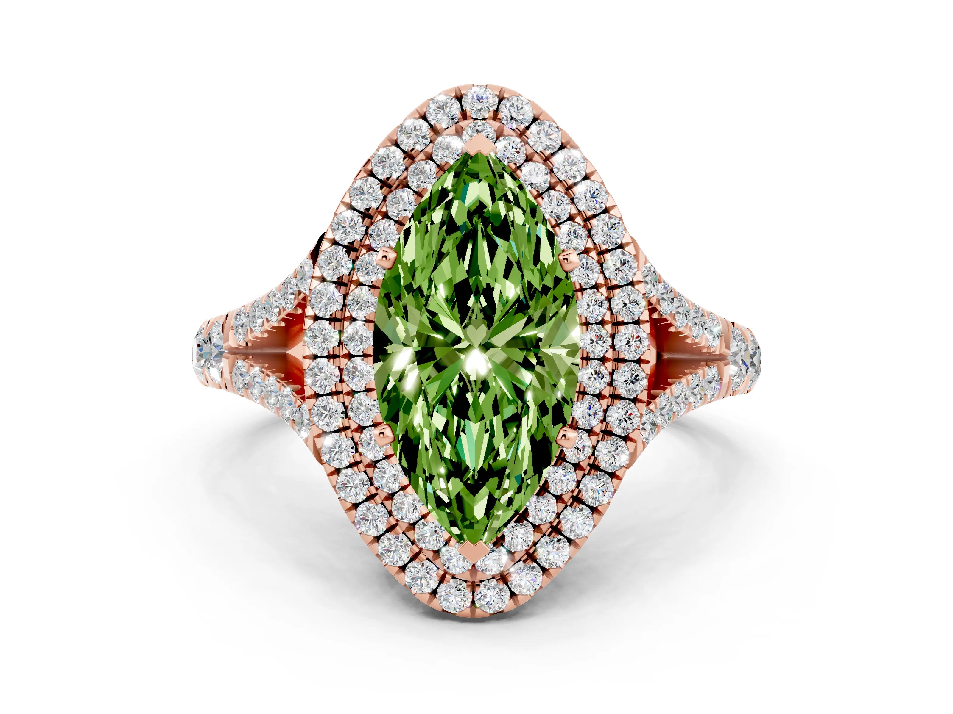 Rose gold Double Halo Marquise Cut Peridot Split Shank Engagement Ring with Four-Prong Setting