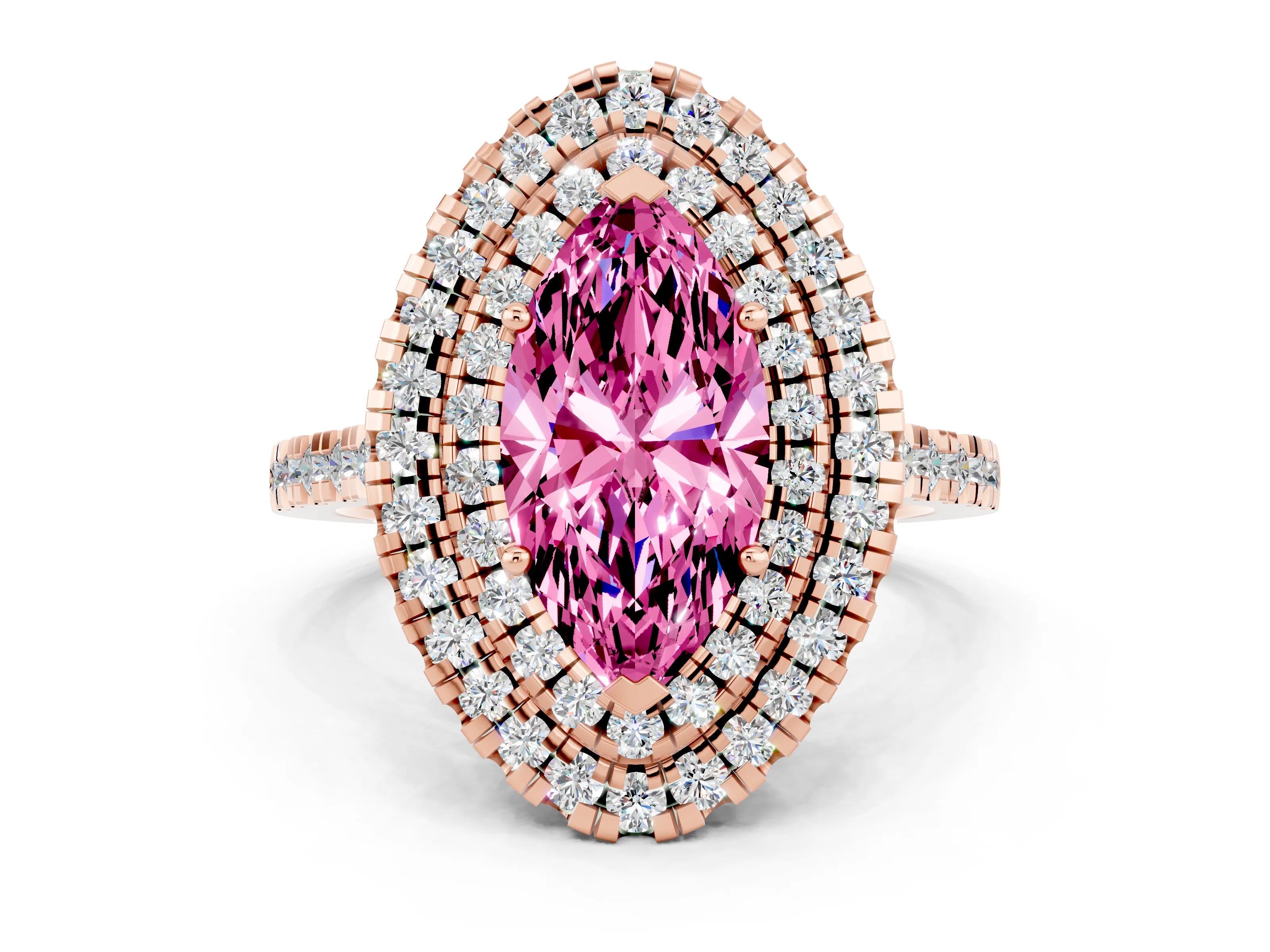 Rose gold Double Halo Marquise Cut Pink Sapphire Pavé Band with Four-Prong Setting_24