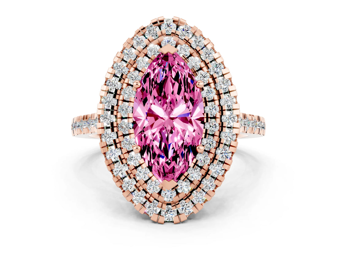 Rose gold Double Halo Marquise Cut Pink Sapphire Pavé Band with Four-Prong Setting_24