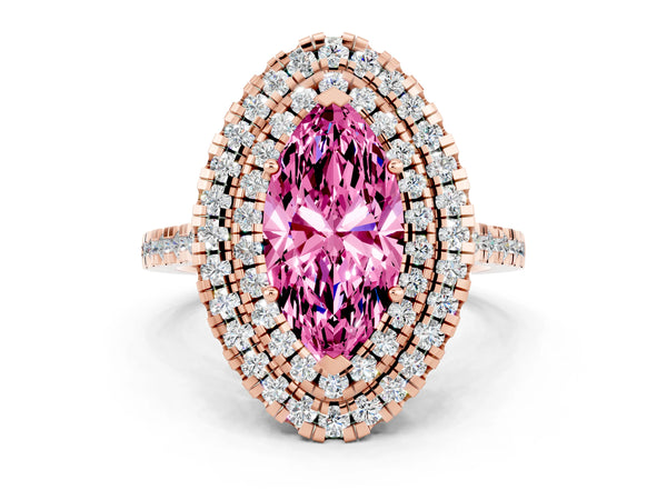Rose gold Double Halo Marquise Cut Pink Sapphire Pavé Band with Four-Prong Setting