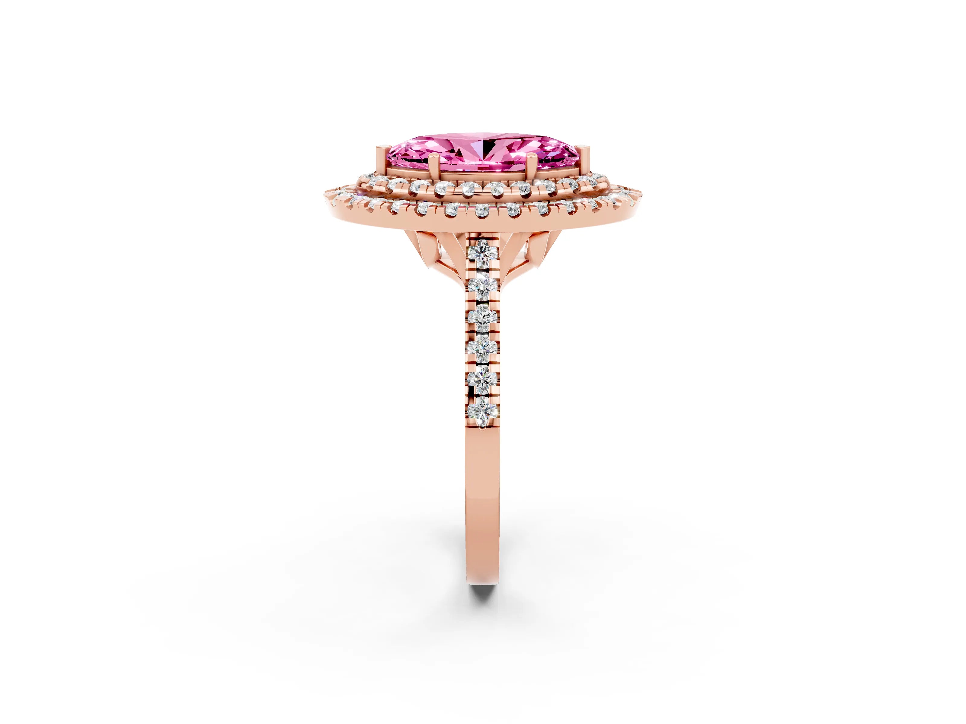 Rose gold Double Halo Marquise Cut Pink Sapphire Pavé Band with Four-Prong Setting_26
