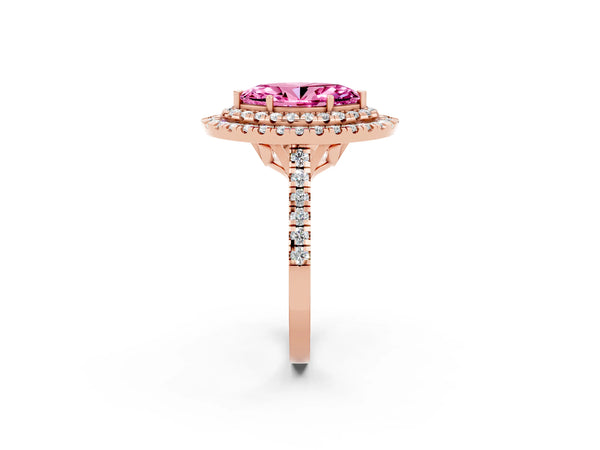 Rose gold Double Halo Marquise Cut Pink Sapphire Pavé Band with Four-Prong Setting