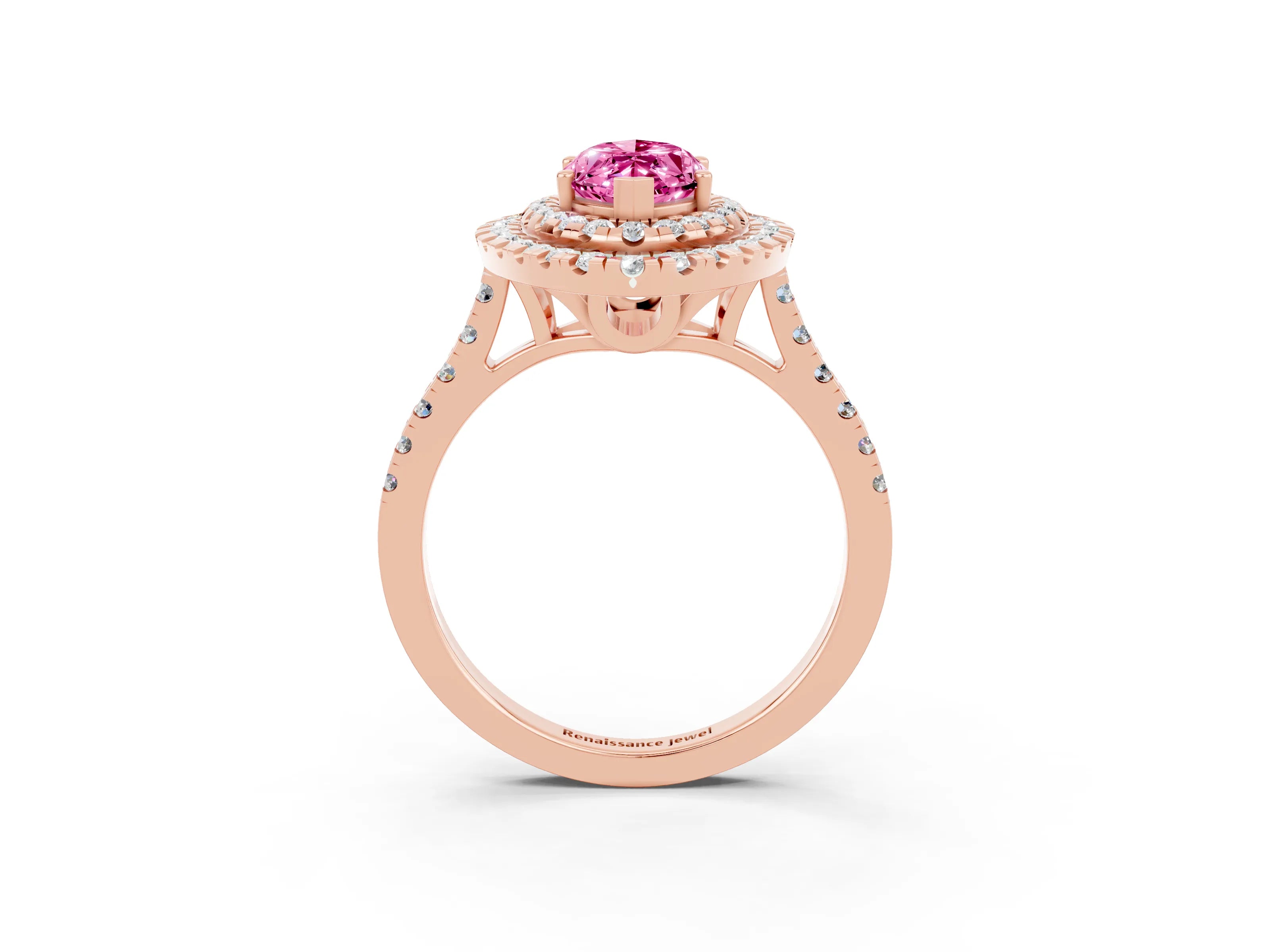 Rose gold Double Halo Marquise Cut Pink Sapphire Pavé Band with Four-Prong Setting_27