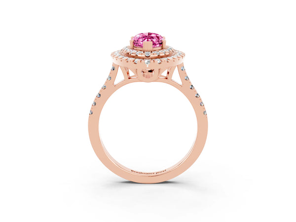 Rose gold Double Halo Marquise Cut Pink Sapphire Pavé Band with Four-Prong Setting
