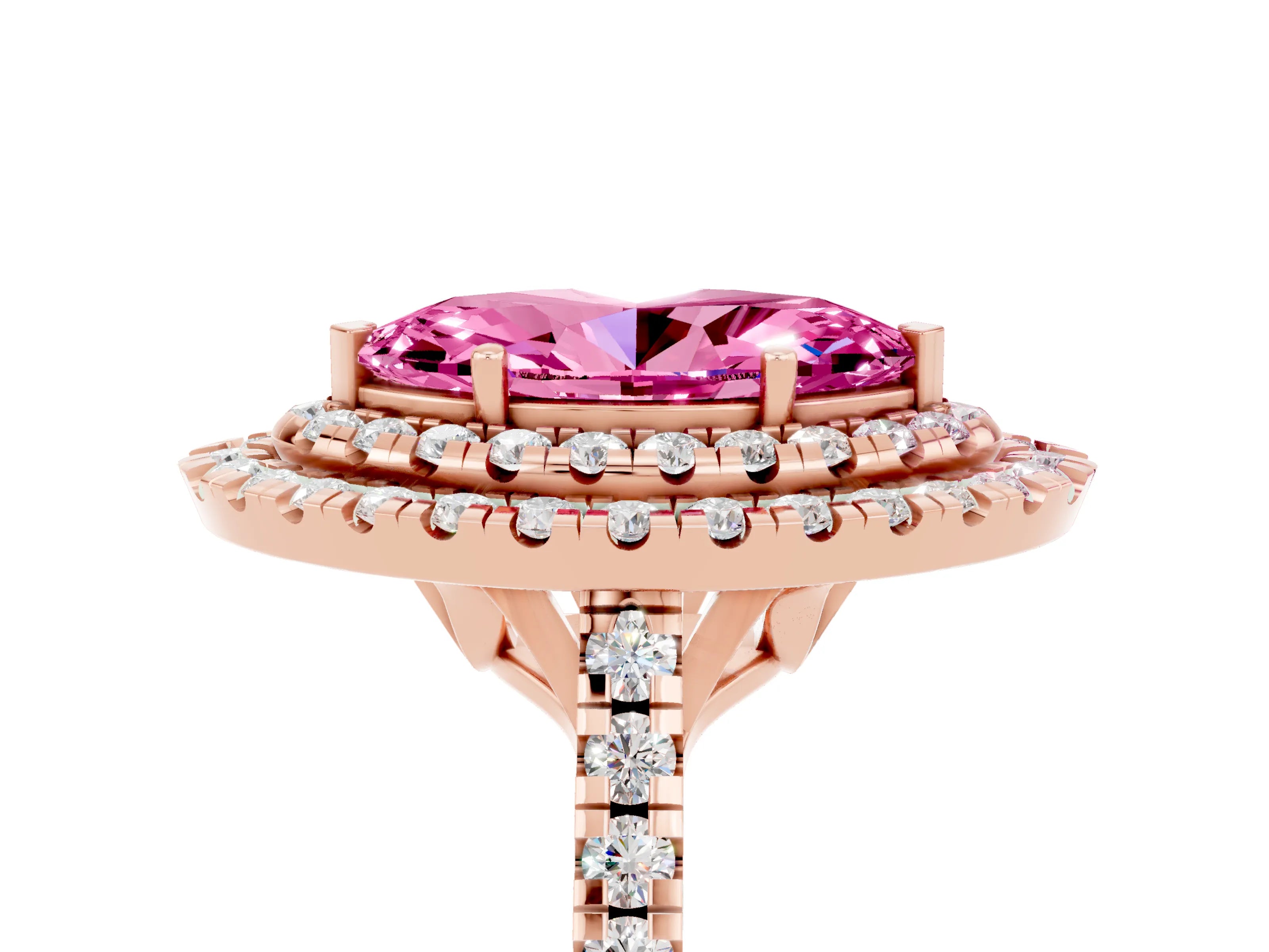 Rose gold Double Halo Marquise Cut Pink Sapphire Pavé Band with Four-Prong Setting_29