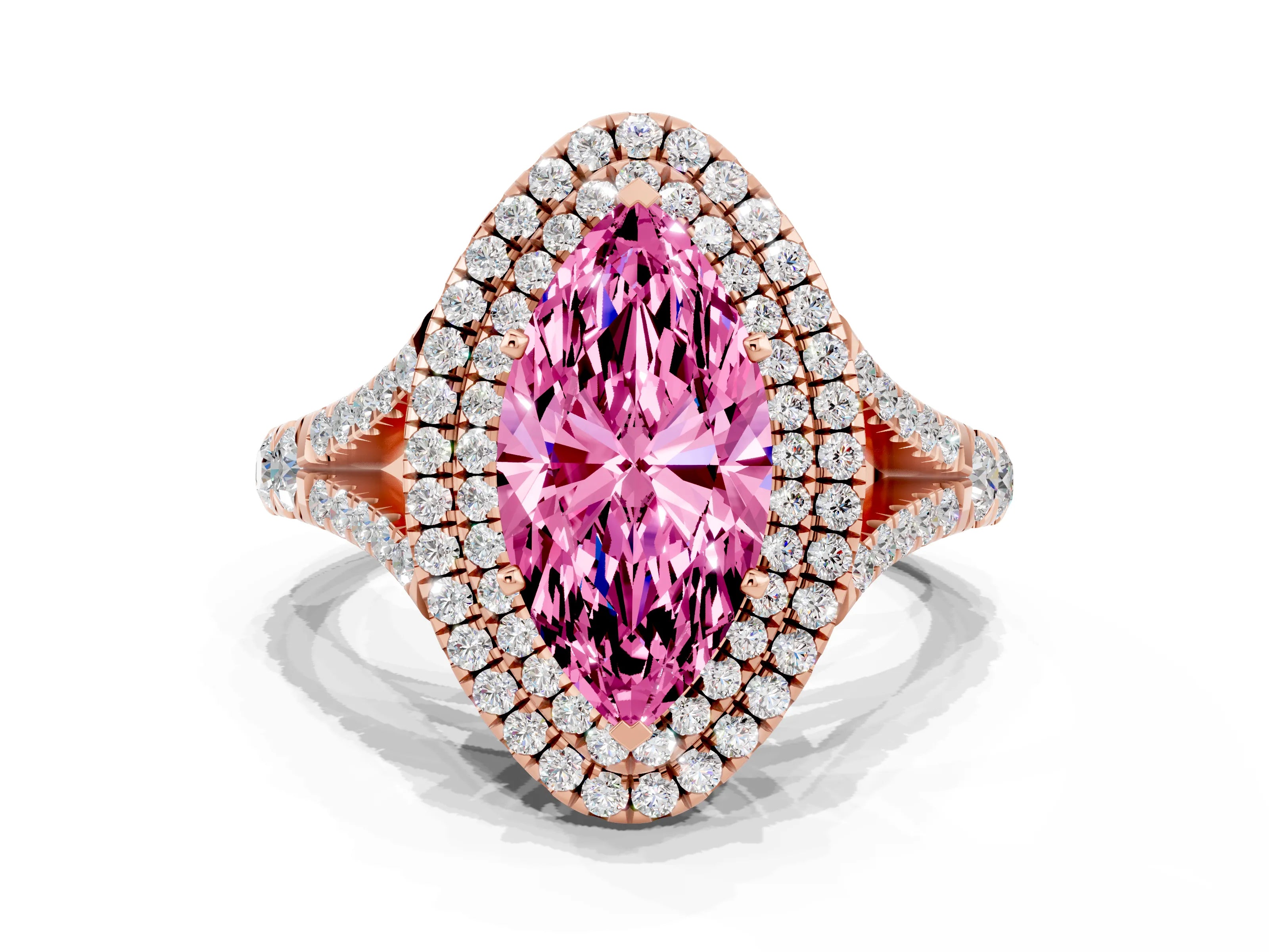 Rose gold Double Halo Marquise Cut Pink Sapphire Pavé Split Shank Ring with Prong Setting
