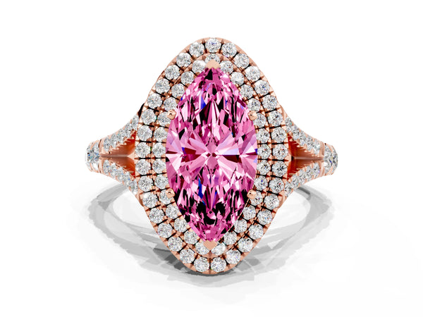 Rose gold Double Halo Marquise Cut Pink Sapphire Pavé Split Shank Ring with Prong Setting