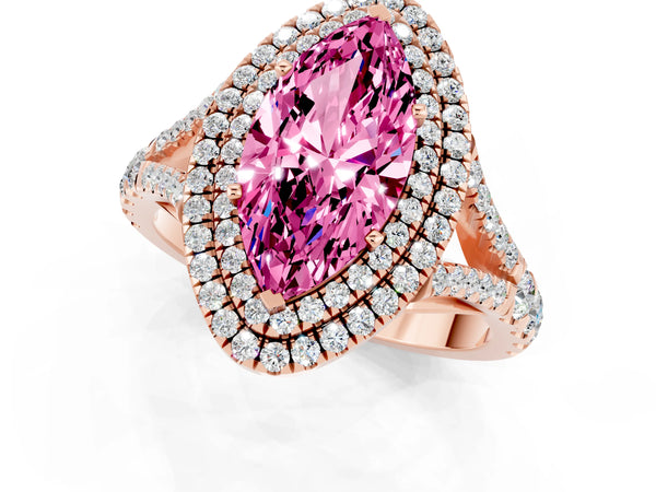 Rose gold Double Halo Marquise Cut Pink Sapphire Pavé Split Shank Ring with Prong Setting