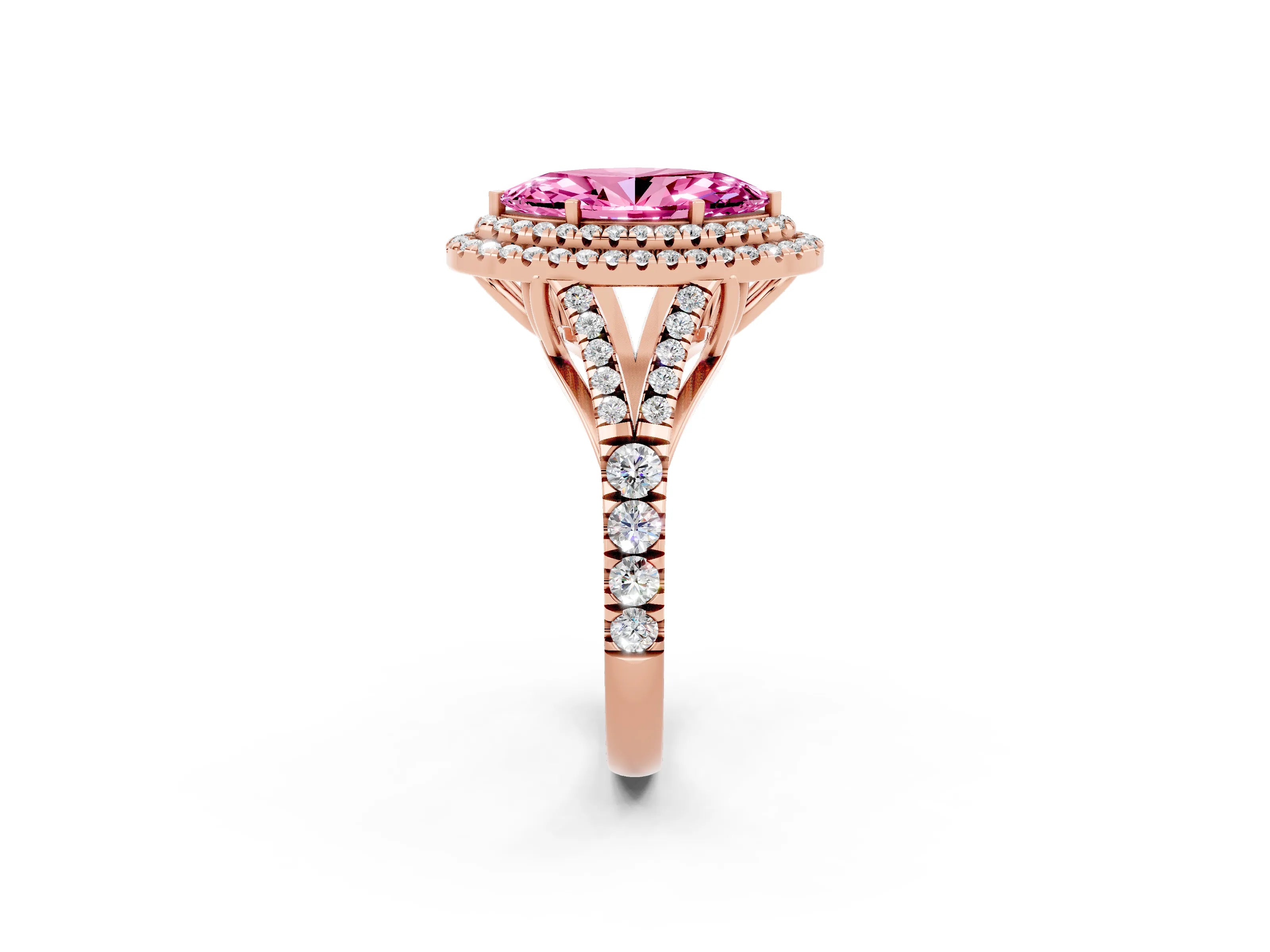 Rose gold Double Halo Marquise Cut Pink Sapphire Pavé Split Shank Ring with Prong Setting_2