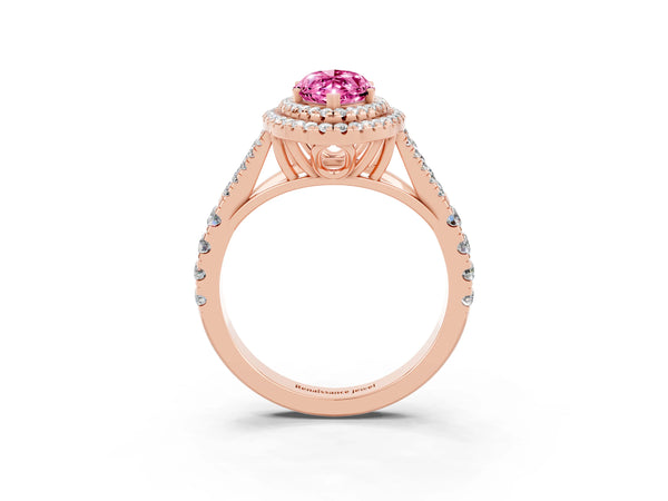 Rose gold Double Halo Marquise Cut Pink Sapphire Pavé Split Shank Ring with Prong Setting