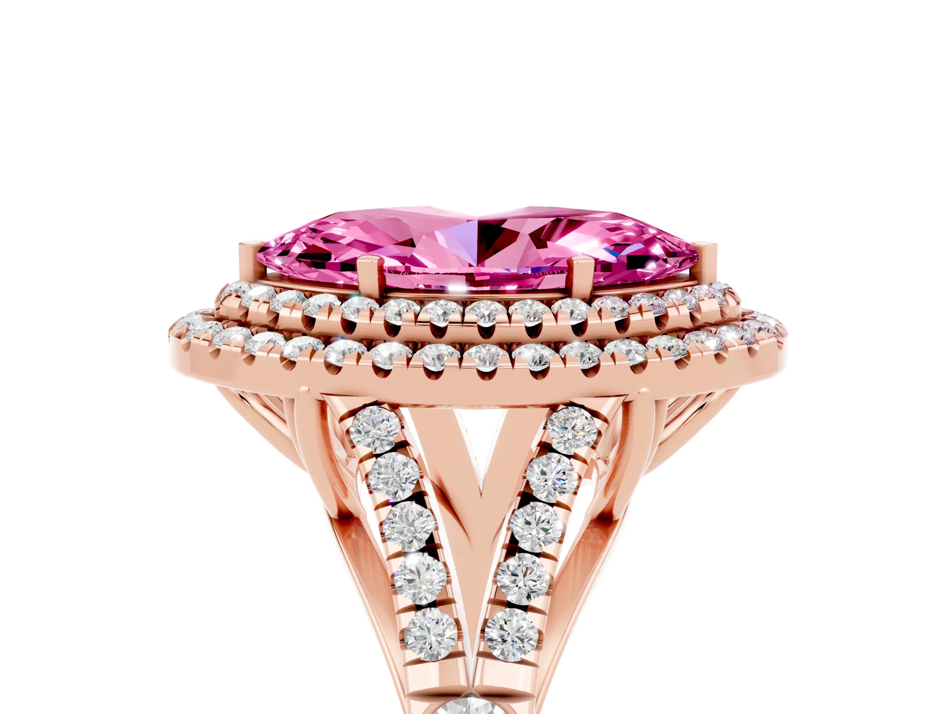 Rose gold Double Halo Marquise Cut Pink Sapphire Pavé Split Shank Ring with Prong Setting_5