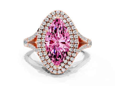 Rose gold Double Halo Marquise Cut Pink Sapphire Pavé Split Shank Ring with Prong Setting