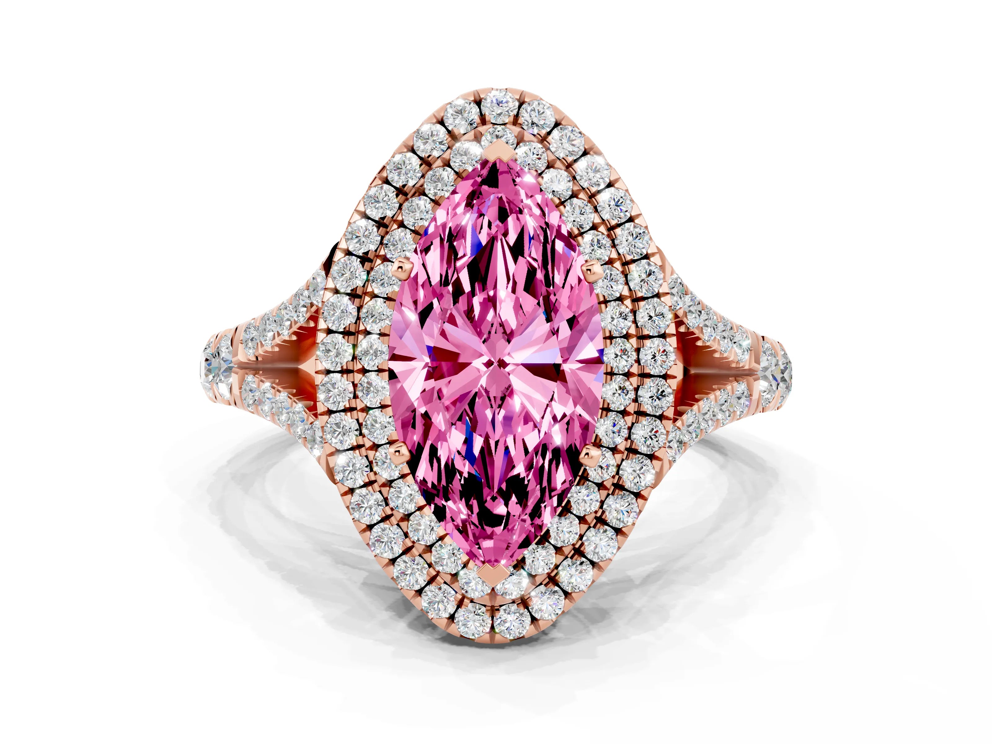 Rose gold Double Halo Marquise Cut Pink Sapphire Split Shank Engagement Ring with Four-Prong Setting