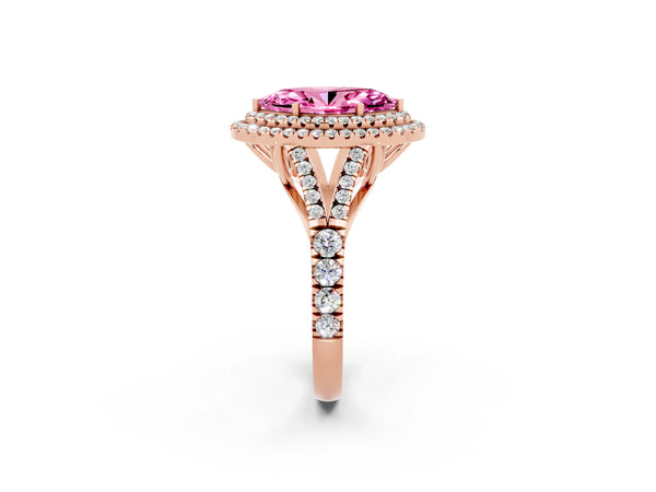 Rose gold Double Halo Marquise Cut Pink Sapphire Split Shank Engagement Ring with Four-Prong Setting