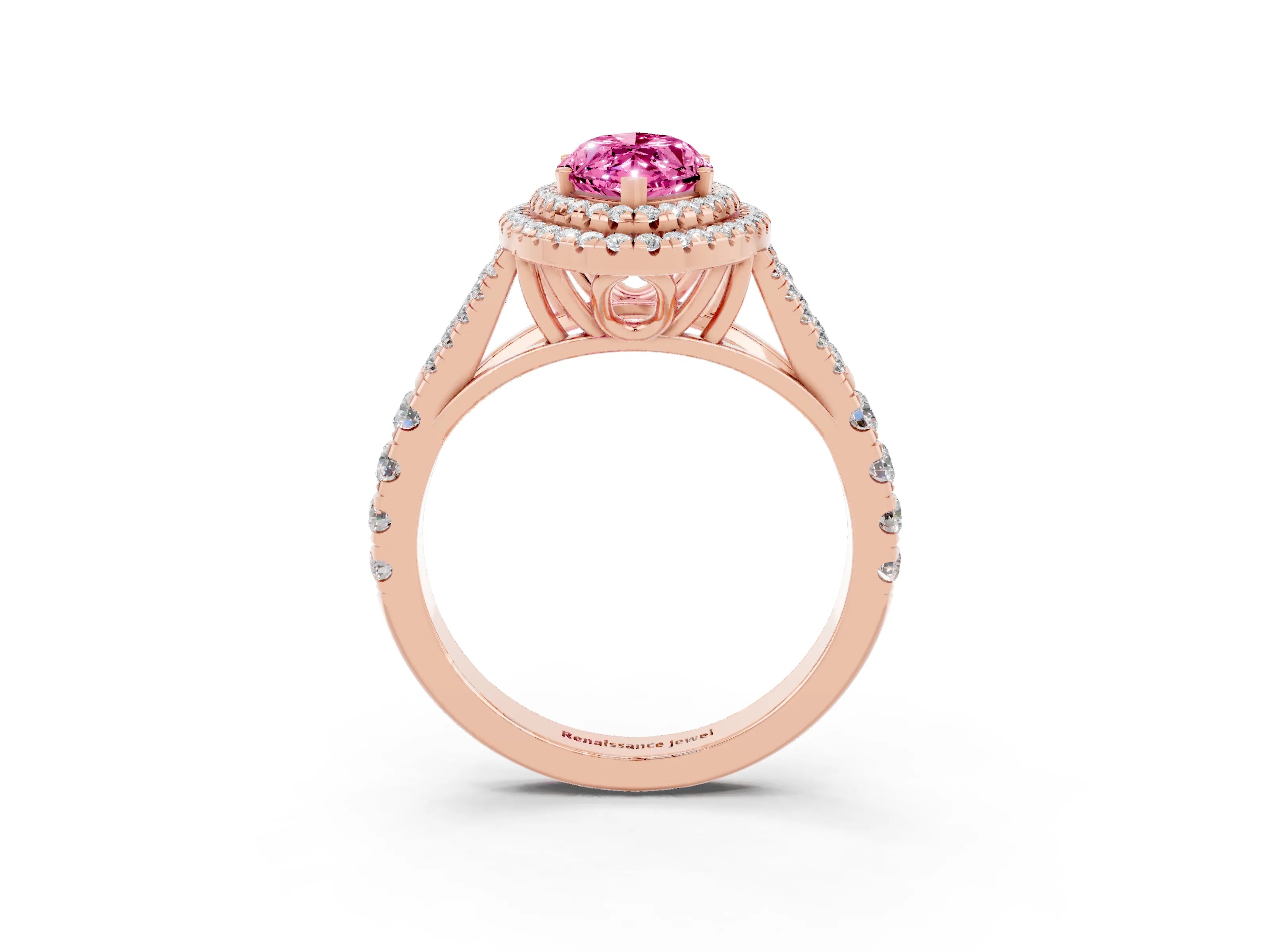 Rose gold Double Halo Marquise Cut Pink Sapphire Split Shank Engagement Ring with Four-Prong Setting_3