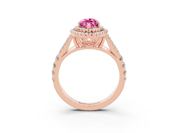 Rose gold Double Halo Marquise Cut Pink Sapphire Split Shank Engagement Ring with Four-Prong Setting