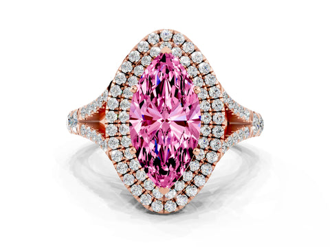 Rose gold Double Halo Marquise Cut Pink Sapphire Split Shank Engagement Ring with Four-Prong Setting