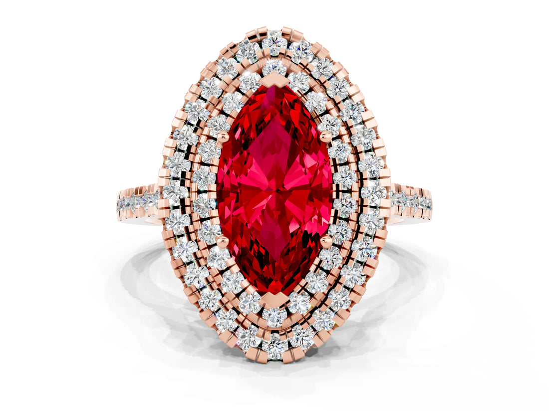 Rose gold Double Halo Marquise Cut Ruby Pavé Band with Four-Prong Setting
