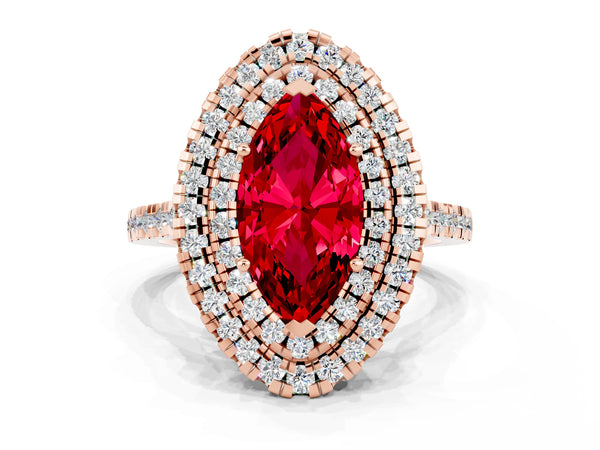 Rose gold Double Halo Marquise Cut Ruby Pavé Band with Four-Prong Setting