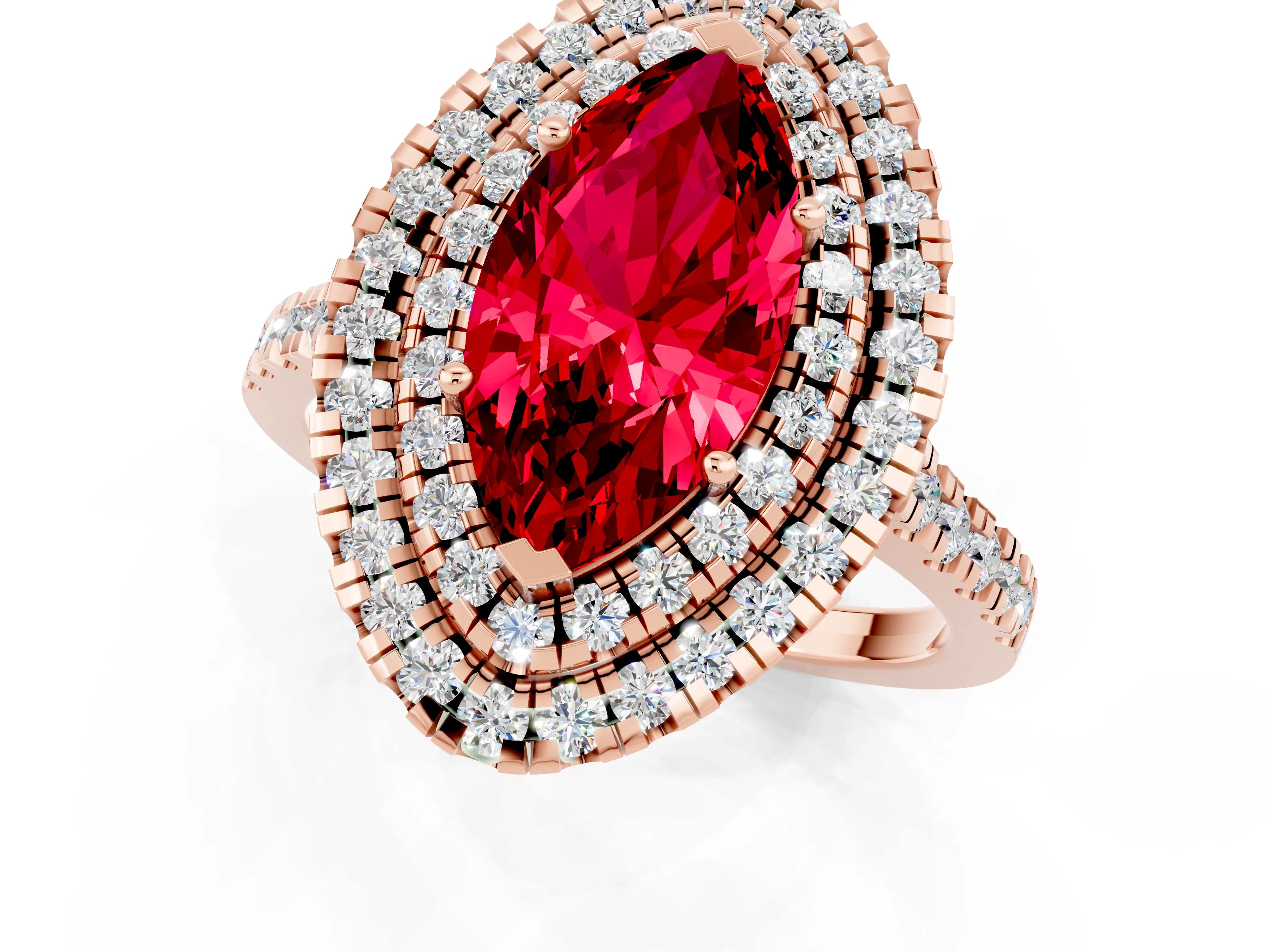 Rose gold Double Halo Marquise Cut Ruby Pavé Band with Four-Prong Setting_1