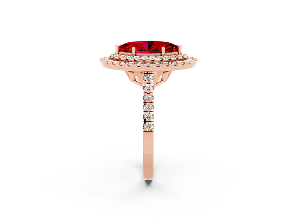 Rose gold Double Halo Marquise Cut Ruby Pavé Band with Four-Prong Setting