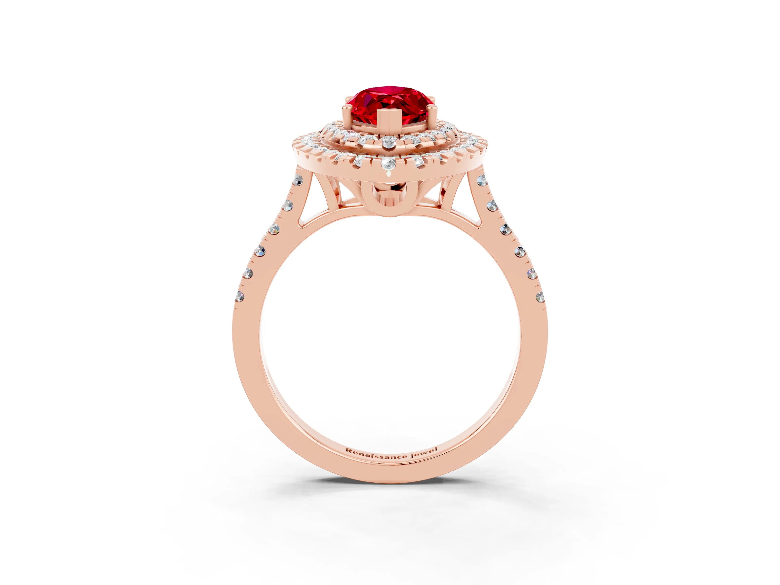 Rose gold Double Halo Marquise Cut Ruby Pavé Band with Four-Prong Setting_3