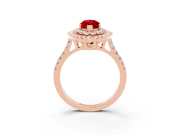Rose gold Double Halo Marquise Cut Ruby Pavé Band with Four-Prong Setting