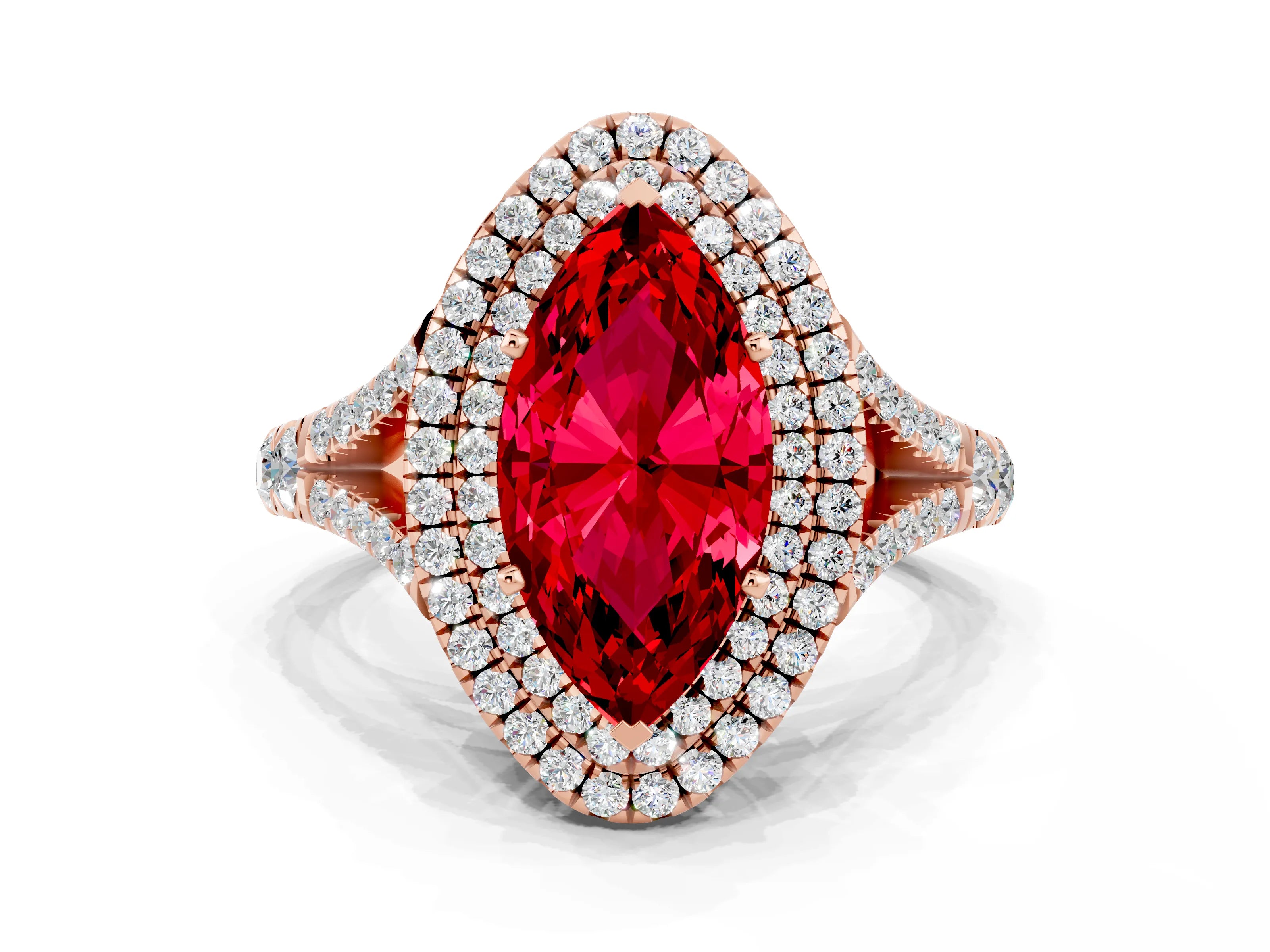 Rose gold Double Halo Marquise Cut Ruby Pavé Split Shank Ring with Prong Setting