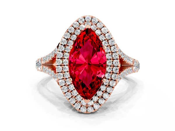 Rose gold Double Halo Marquise Cut Ruby Pavé Split Shank Ring with Prong Setting