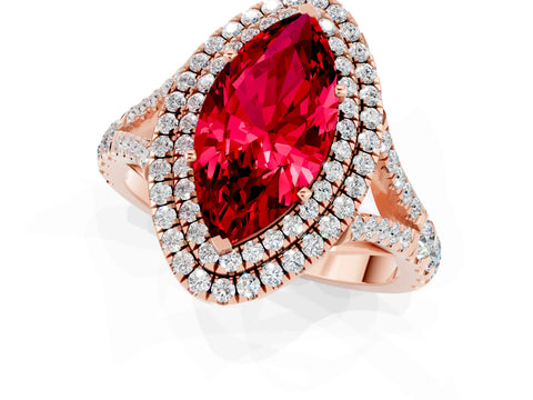 Rose gold Double Halo Marquise Cut Ruby Pavé Split Shank Ring with Prong Setting_1