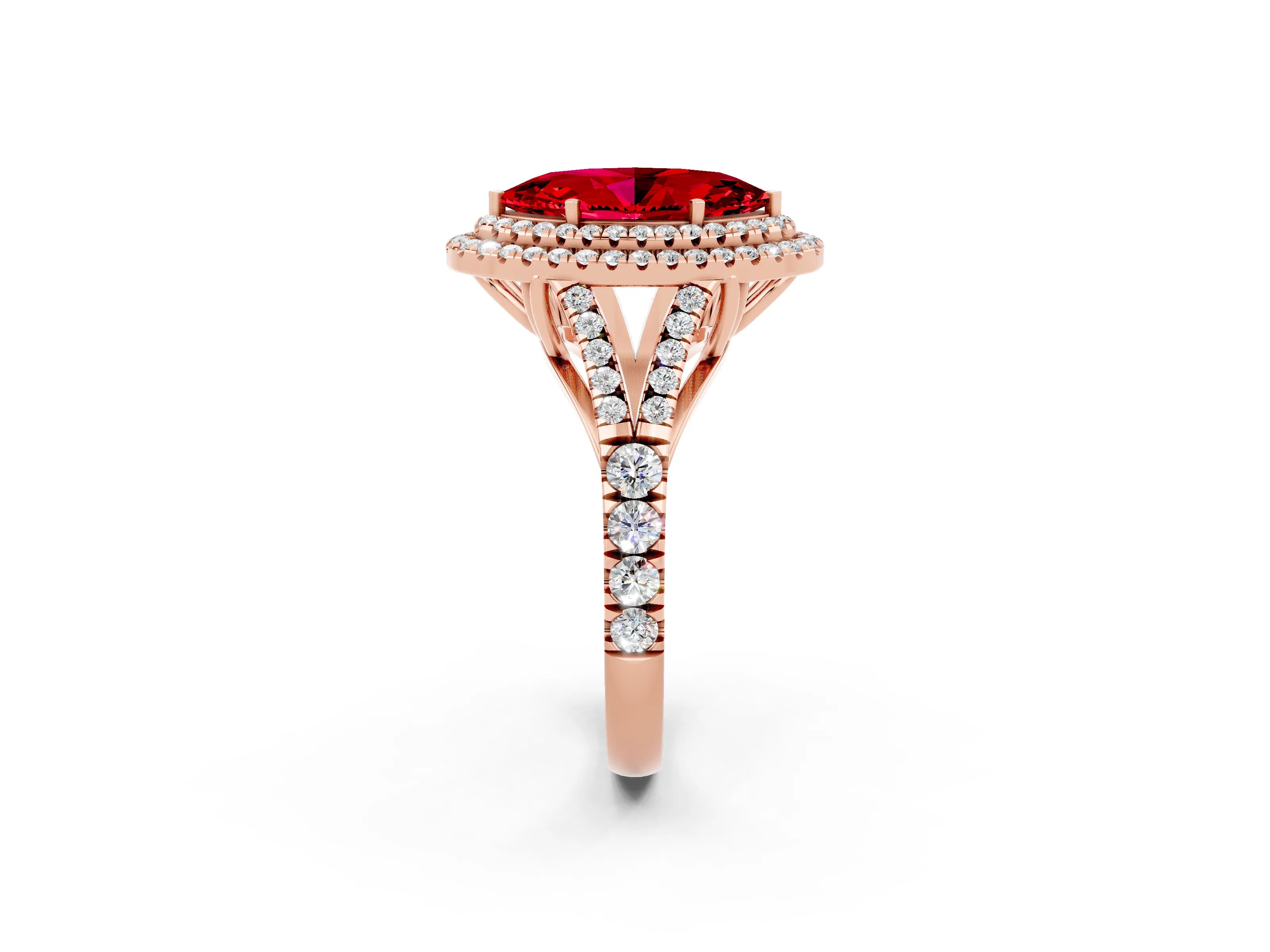 Rose gold Double Halo Marquise Cut Ruby Pavé Split Shank Ring with Prong Setting_2