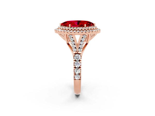 Rose gold Double Halo Marquise Cut Ruby Pavé Split Shank Ring with Prong Setting