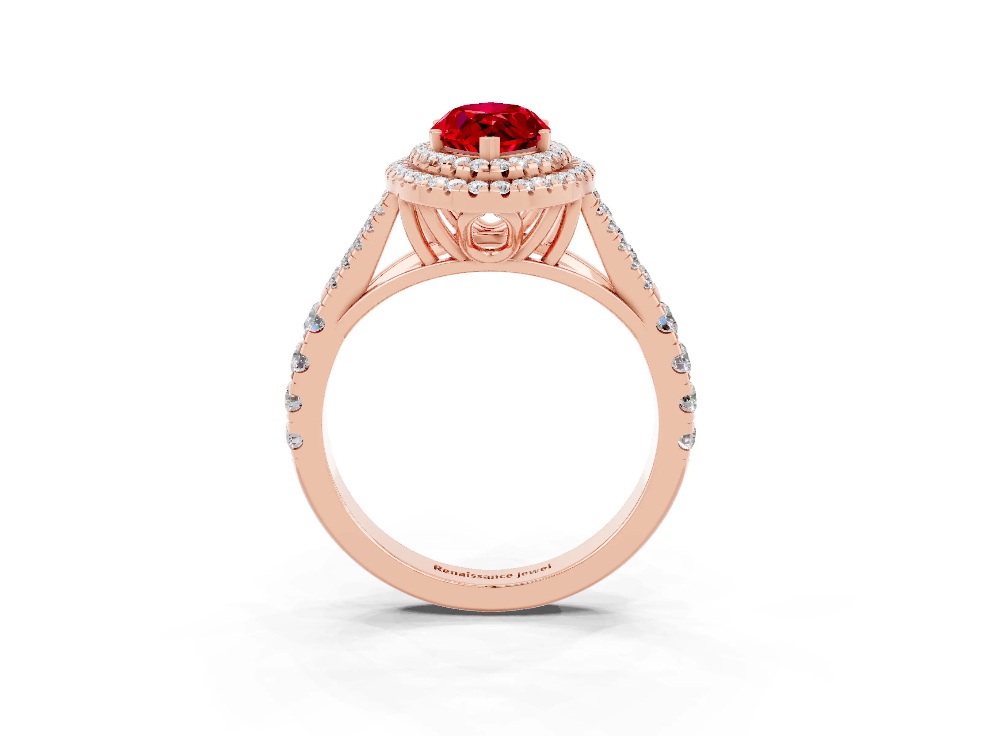 Rose gold Double Halo Marquise Cut Ruby Pavé Split Shank Ring with Prong Setting_3