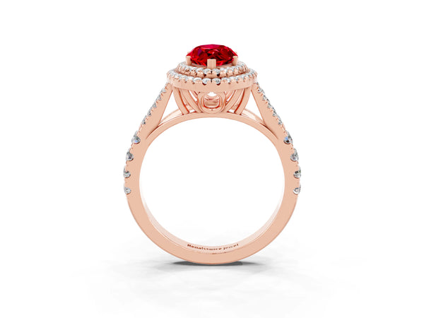 Rose gold Double Halo Marquise Cut Ruby Pavé Split Shank Ring with Prong Setting