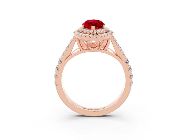Rose gold Double Halo Marquise Cut Ruby Split Shank Engagement Ring with Four-Prong Setting
