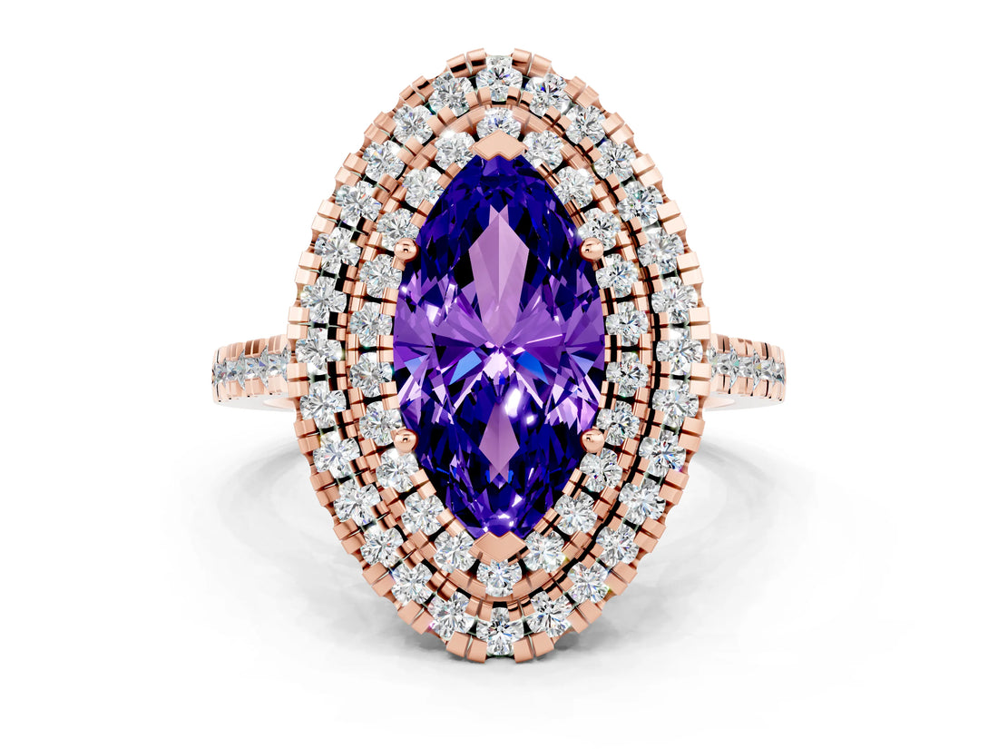 Rose gold Double Halo Marquise Cut Tanzanite Pavé Band with Four-Prong Setting
