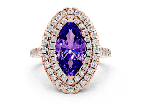 Rose gold Double Halo Marquise Cut Tanzanite Pavé Band with Four-Prong Setting